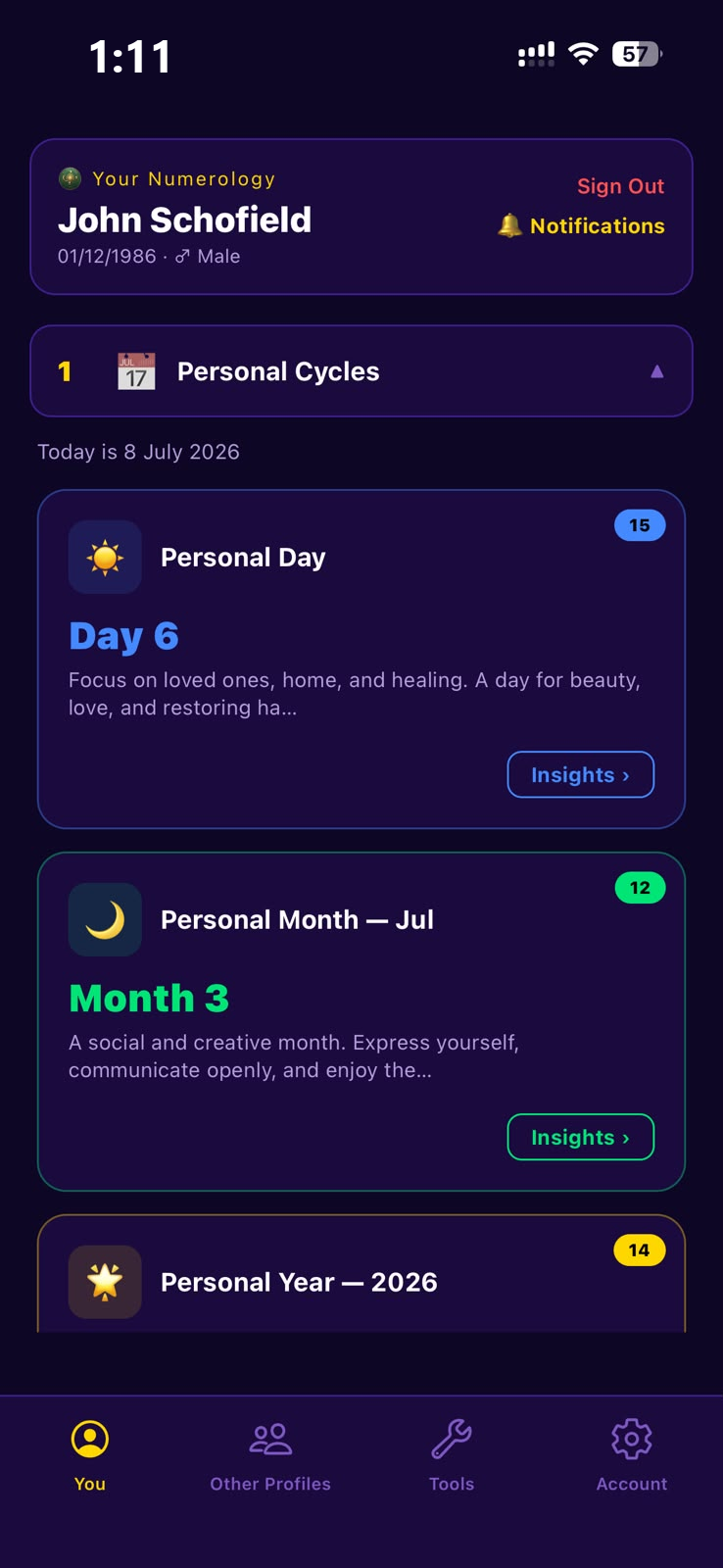 My Patterns app dashboard showing personal cycles and daily numerology insights