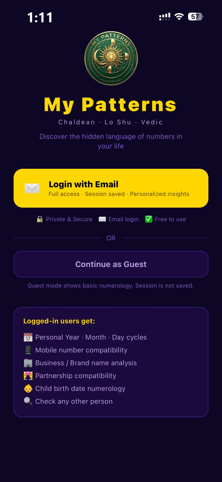 My Patterns login screen