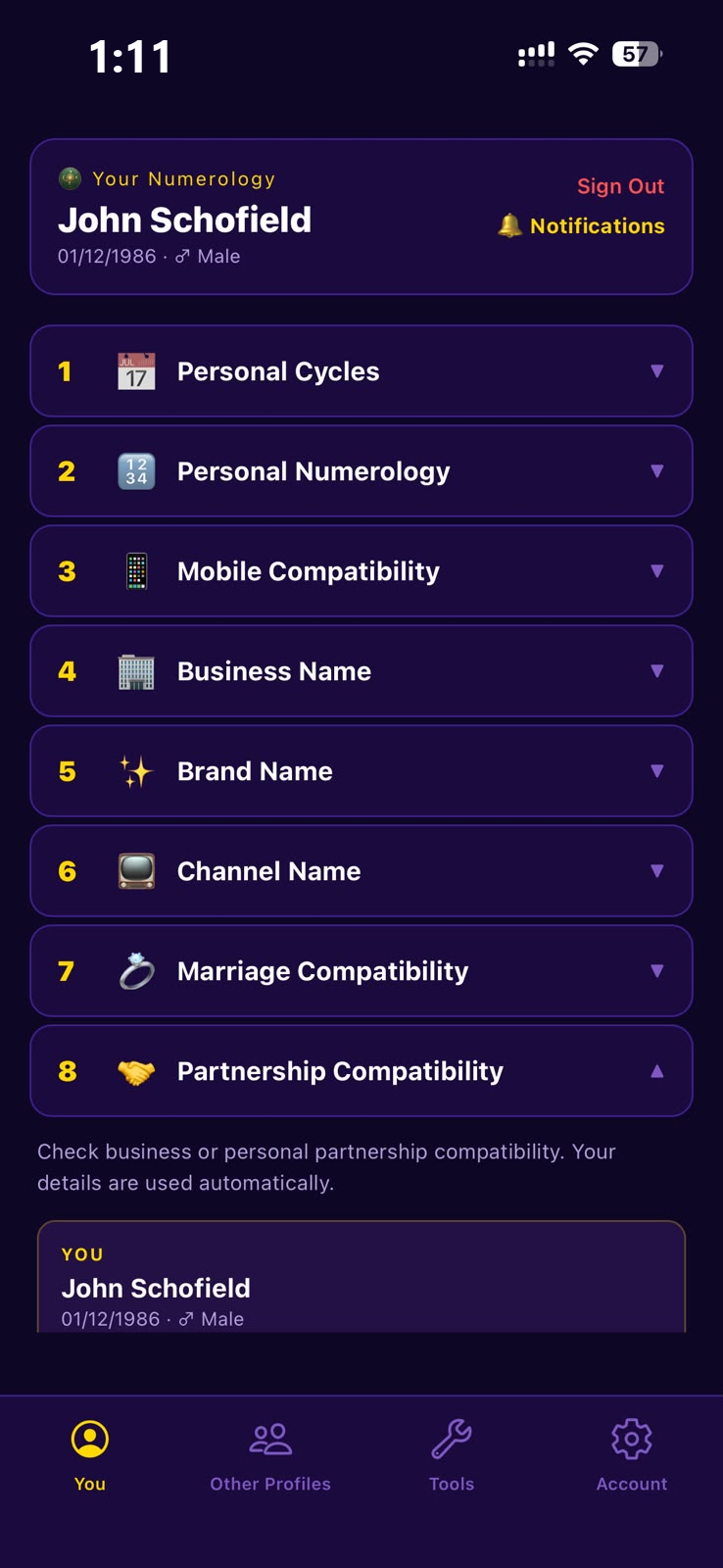 Numerology menu with personal cycles and compatibility tools