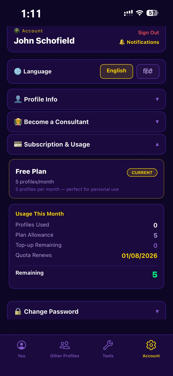 Subscription and monthly usage overview